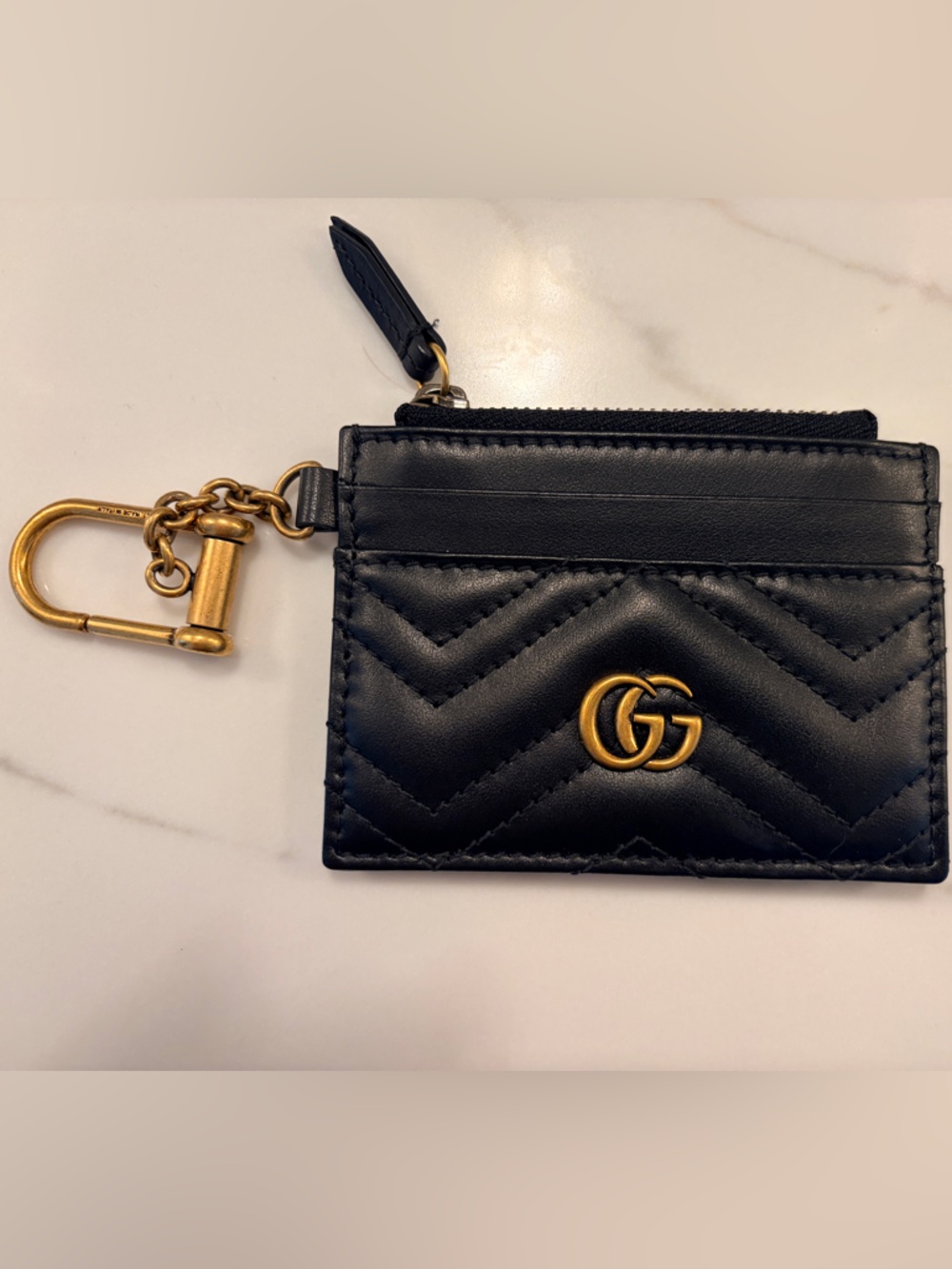 Gucci Black Chevron Leather Card Holder Keychain with Gold Double G - Picture 2 of 6